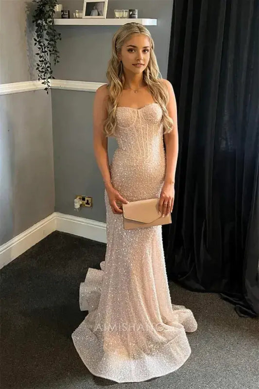 Aimishang Sparkly Mermaid Sweetheart Spaghetti Straps Sleeveless Evening Gown Elegant Long Prom Dress Charming Graduation Party Dress