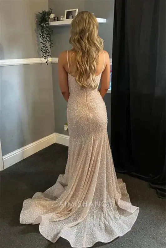 Aimishang Sparkly Mermaid Sweetheart Spaghetti Straps Sleeveless Evening Gown Elegant Long Prom Dress Charming Graduation Party Dress