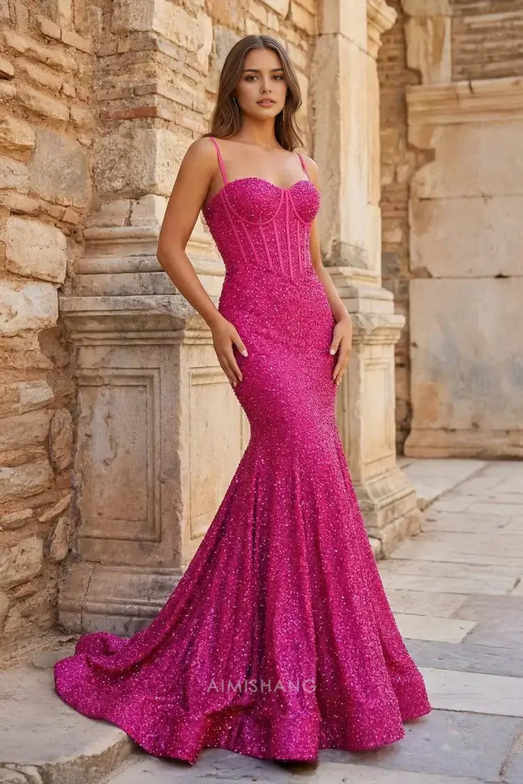 Aimishang Sparkly Mermaid Sweetheart Spaghetti Straps Sleeveless Party Evening Gowns Elegant Long Formal Prom Dress Charming Graduation Dress