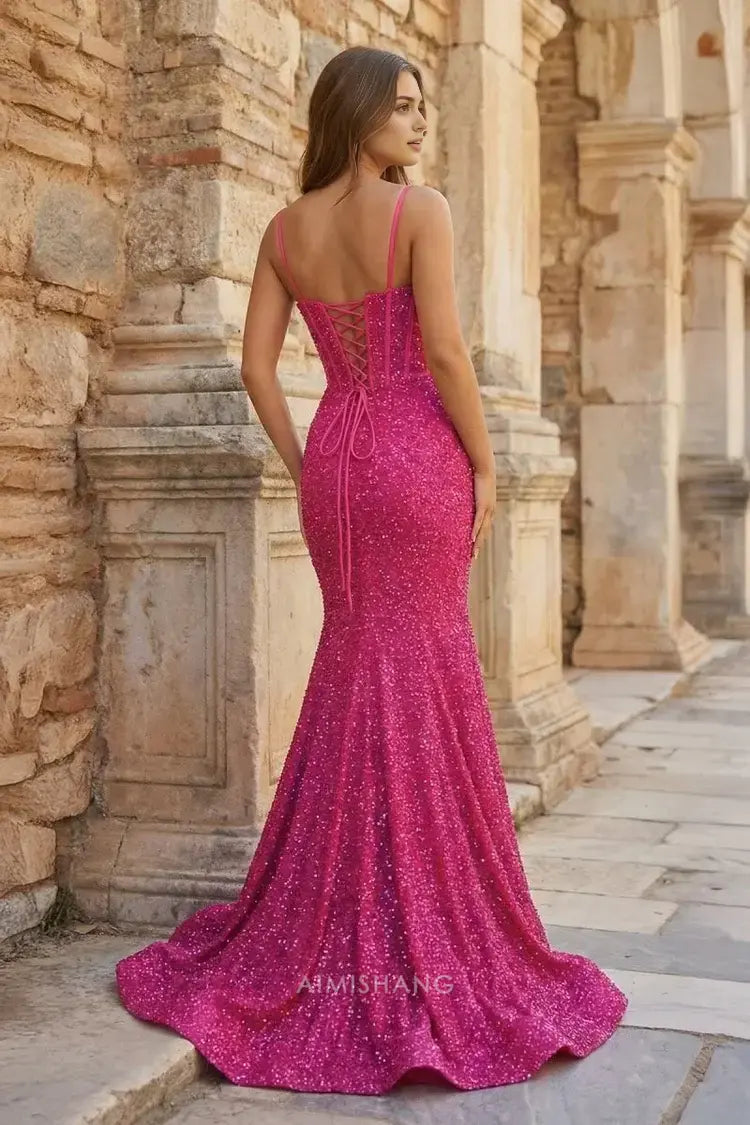 Aimishang Sparkly Mermaid Sweetheart Spaghetti Straps Sleeveless Party Evening Gowns Elegant Long Formal Prom Dress Charming Graduation Dress