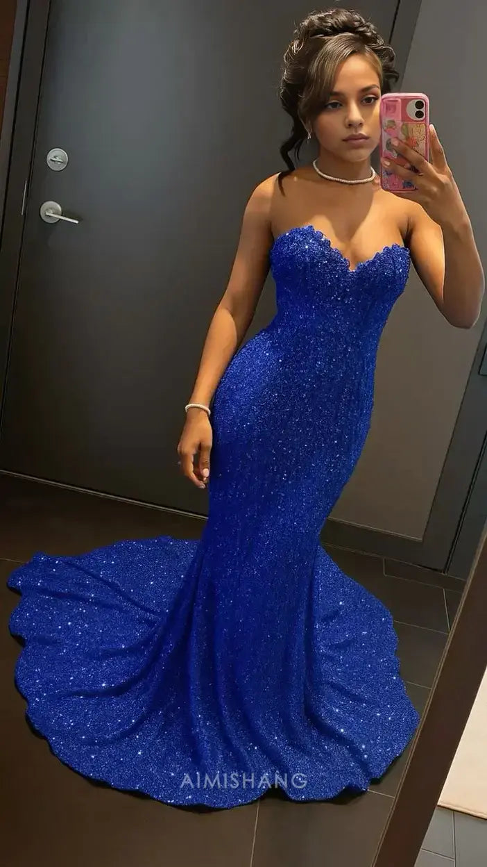 Aimishang Sparkly Mermaid Sweetheart Strapless Sleeveless Evening Gown Sexy Long Prom Dress Black Girl Graduation Dress