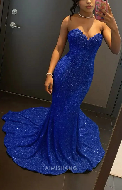 Aimishang Sparkly Mermaid Sweetheart Strapless Sleeveless Evening Gown Sexy Long Prom Dress Black Girl Graduation Dress