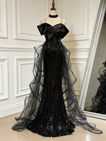 Aimishang Sparkly Off Shoulder Black Sequin Long Formal Prom Dress Charming Party Evening Gown