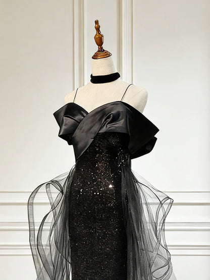 Aimishang Sparkly Off Shoulder Black Sequin Long Formal Prom Dress Charming Party Evening Gown