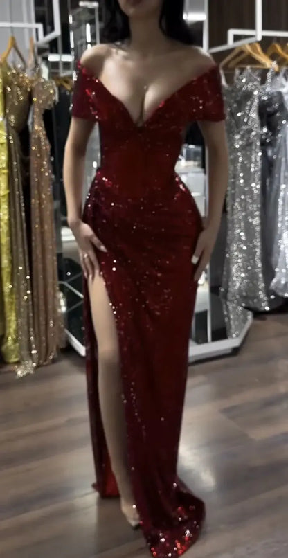 Aimishang Sparkly Off the Shoulder Party Evening Gown Sexy Long Formal Prom Dress With Slit