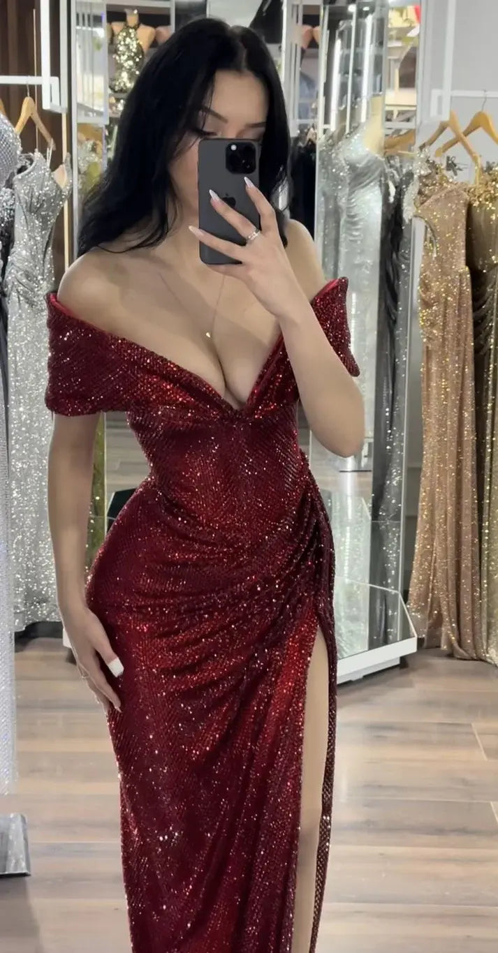 Aimishang Sparkly Off the Shoulder Party Evening Gown Sexy Long Formal Prom Dress With Slit