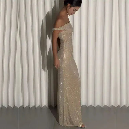 Aimishang Sparkly One-Shoulder Cut-Out Sleeveless Party Evening Gown Fashion Formal Prom Dress