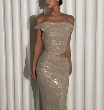 Aimishang Sparkly One-Shoulder Cut-Out Sleeveless Party Evening Gown Fashion Formal Prom Dress