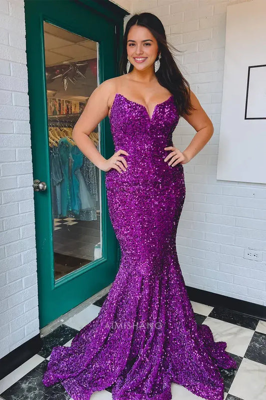Aimishang Sparkly Purple Sequins Mermaid Strapless Sleeveless Long Prom Dress Sexy Party Evening Gown Fashion Formal Dress