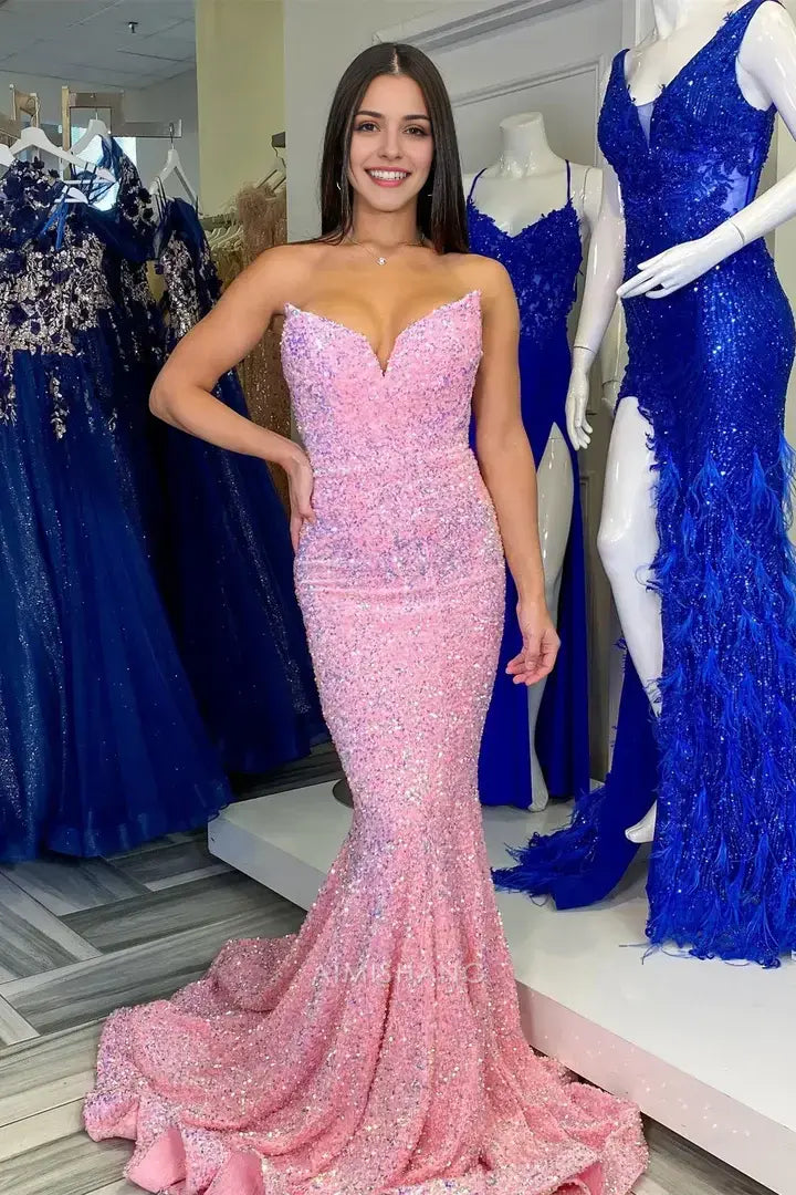 Aimishang Sparkly Purple Sequins Mermaid Strapless Sleeveless Long Prom Dress Sexy Party Evening Gown Fashion Formal Dress