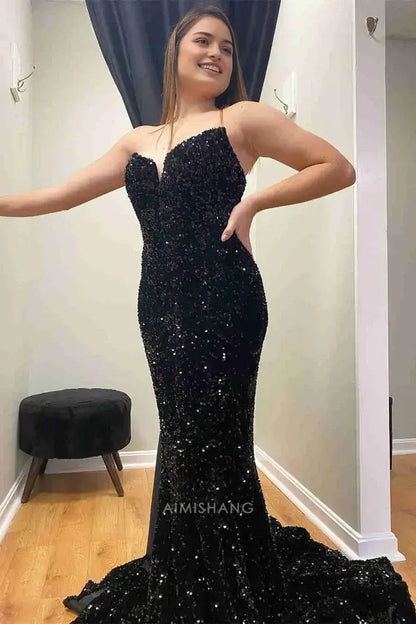 Aimishang Sparkly Purple Sequins Mermaid Strapless Sleeveless Long Prom Dress Sexy Party Evening Gown Fashion Formal Dress