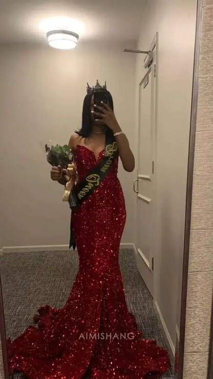 Aimishang Sparkly Purple Sequins Mermaid Strapless Sleeveless Long Prom Dress Sexy Party Evening Gown Fashion Formal Dress