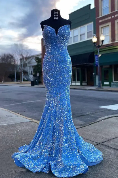 Aimishang Sparkly Purple Sequins Mermaid Strapless Sleeveless Long Prom Dress Sexy Party Evening Gown Fashion Formal Dress