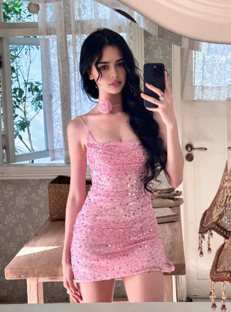 Aimishang Sparkly Sheath Sleeveless Sequined Short Homecoming Dress Sweet Birthday Party Dress No With Neck accessories