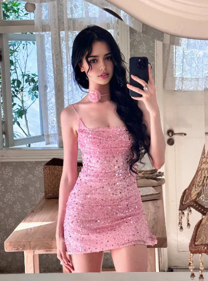 Aimishang Sparkly Sheath Sleeveless Sequined Short Homecoming Dress Sweet Birthday Party Dress No With Neck accessories