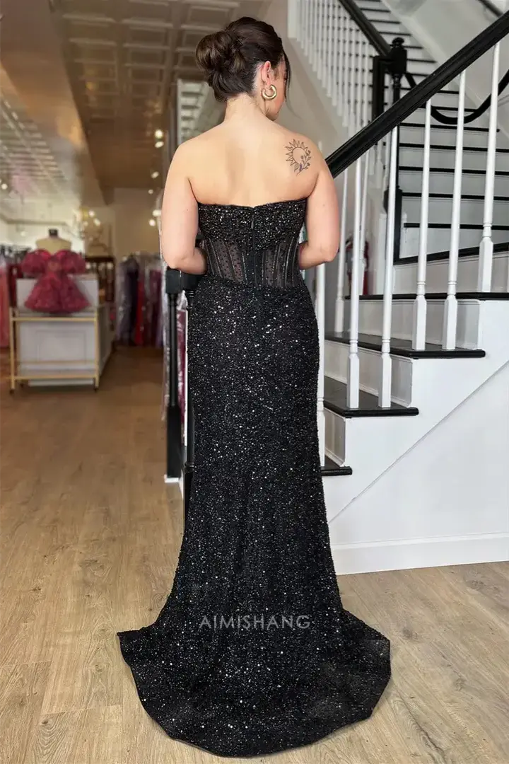Aimishang Sparkly Sheath Strapless Black Sequins Long Formal Prom Dress With Slit Elegant Evening Party Dress Sexy Graduation Dress