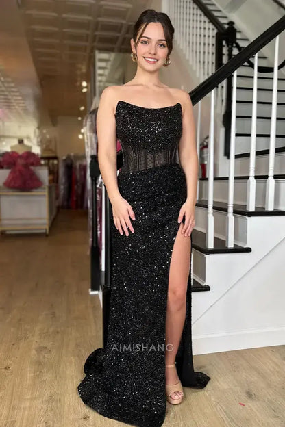 Aimishang Sparkly Sheath Strapless Black Sequins Long Formal Prom Dress With Slit Elegant Evening Party Dress Sexy Graduation Dress