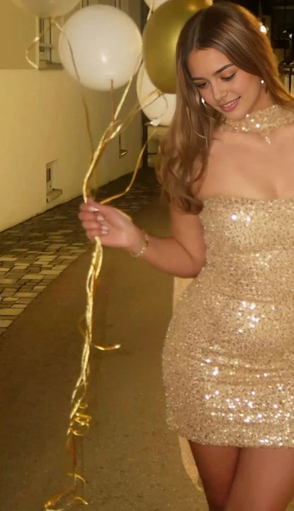 Aimishang Sparkly Sheath Strapless Sequin Sleeveless Short Birthday Party Dress Fashion Mini Homecoming Dress