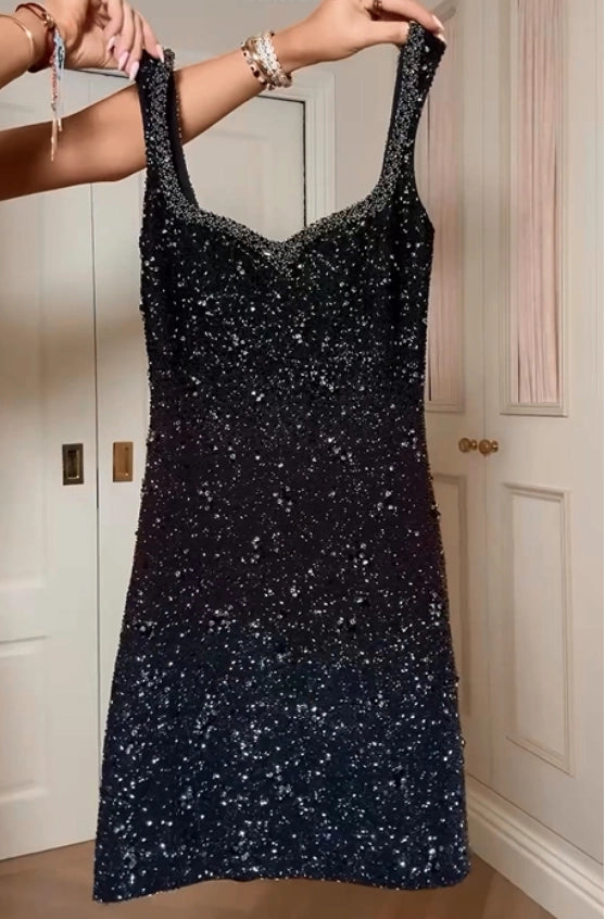 Aimishang Sparkly Sheath Straps Sleeveless Black Sequins Short Birthday Party Dress Fashion Homecoming Dress
