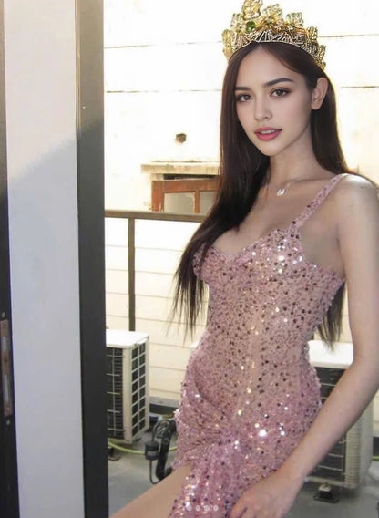 Aimishang Sparkly Sheath Straps Sleeveless Sequined Short Homecoming Dresses Unique Graduation Party Dress