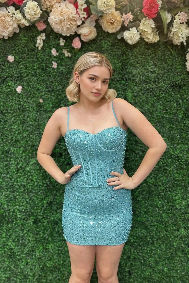 Aimishang Sparkly Sheath Sweetheart Spaghetti Straps Sleeveless Short Summer Graduation Party Dress Fashion Birthday Homecoming Dress