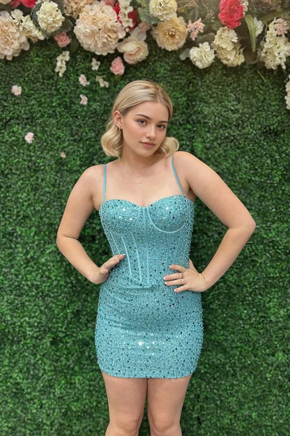 Aimishang Sparkly Sheath Sweetheart Spaghetti Straps Sleeveless Short Summer Graduation Party Dress Fashion Birthday Homecoming Dress