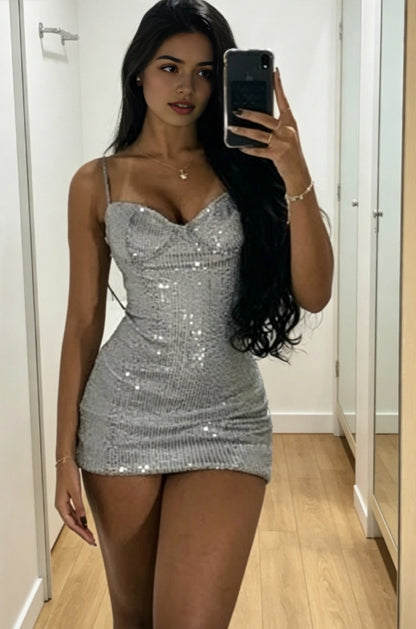 Aimishang Sparkly Spaghetti Straps Sheath Sweetheart Neck Sequins Short/Mini Homecoming Dress Summer Fashion Birthday Party Dress