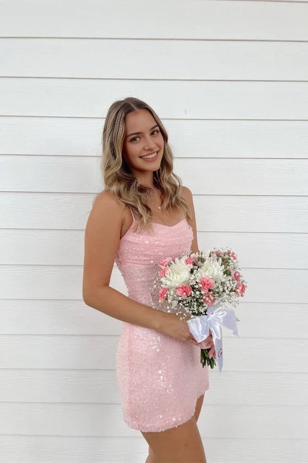 Aimishang Sparkly Spaghetti Straps Sheath Sleeveless Short Homecoming Dress Pretty Birthday Party Dress