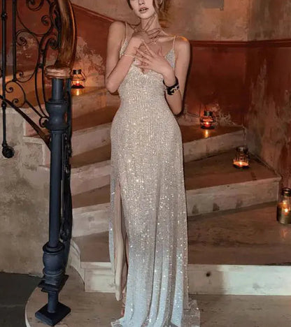 Aimishang Sparkly Spaghetti Straps Sleeveless Party Evening Gown Fashion Long Formal Prom Dress With Slit