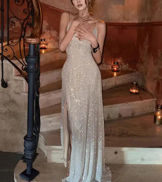 Aimishang Sparkly Spaghetti Straps Sleeveless Party Evening Gown Fashion Long Formal Prom Dress With Slit