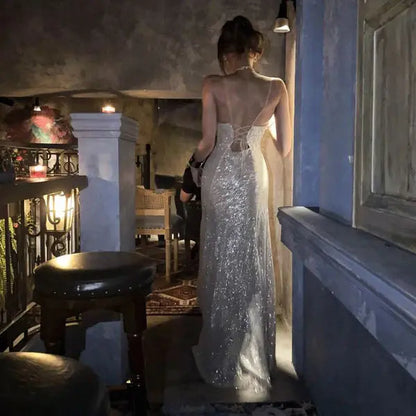 Aimishang Sparkly Spaghetti Straps Sleeveless Party Evening Gown Fashion Long Formal Prom Dress With Slit