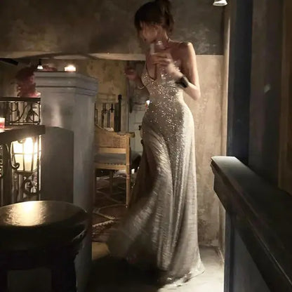 Aimishang Sparkly Spaghetti Straps Sleeveless Party Evening Gown Fashion Long Formal Prom Dress With Slit