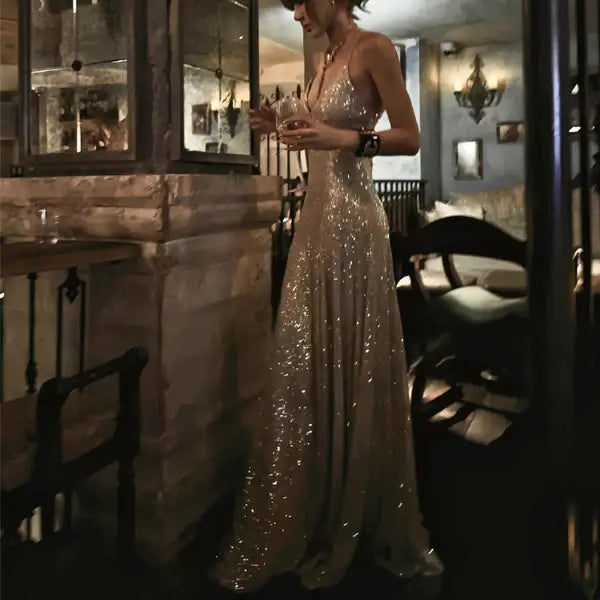 Aimishang Sparkly Spaghetti Straps Sleeveless Party Evening Gown Fashion Long Formal Prom Dress With Slit