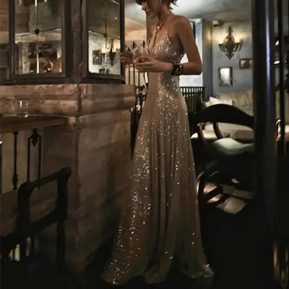Aimishang Sparkly Spaghetti Straps Sleeveless Party Evening Gown Fashion Long Formal Prom Dress With Slit