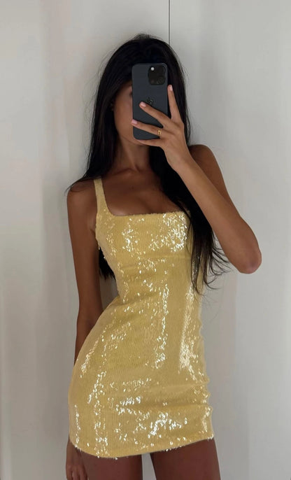 Aimishang Sparkly Square Neck Sheath Sleeveless Sequin Short Homecoming Dress Summer Mini Birthday Party Dress