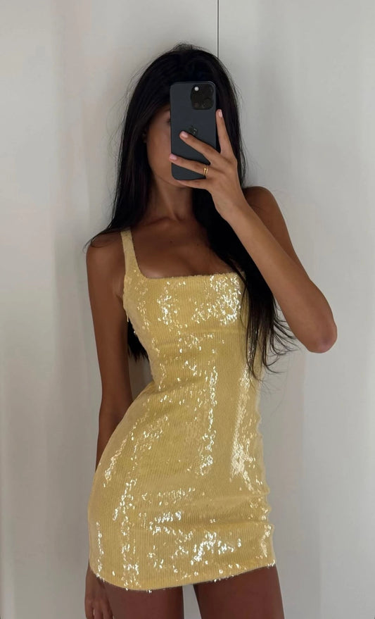Aimishang Sparkly Square Neck Sheath Sleeveless Sequin Short Homecoming Dress Summer Mini Birthday Party Dress
