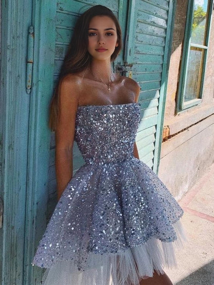 Aimishang Sparkly Strapless A Line Sequin Short Party Prom Dress Fashion Homecoming Dress