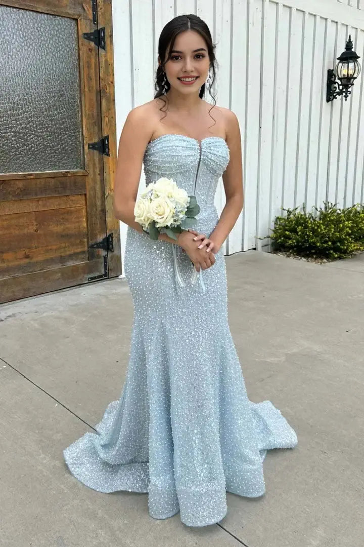 Aimishang Sparkly Strapless Mermaid Sequin Light Blue Long Formal Prom Dress Elegant Party Evening Gown With Train