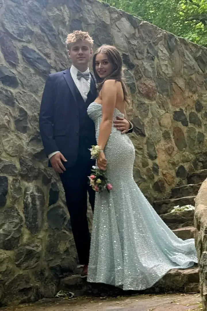 Aimishang Sparkly Strapless Mermaid Sequin Light Blue Long Formal Prom Dress Elegant Party Evening Gown With Train