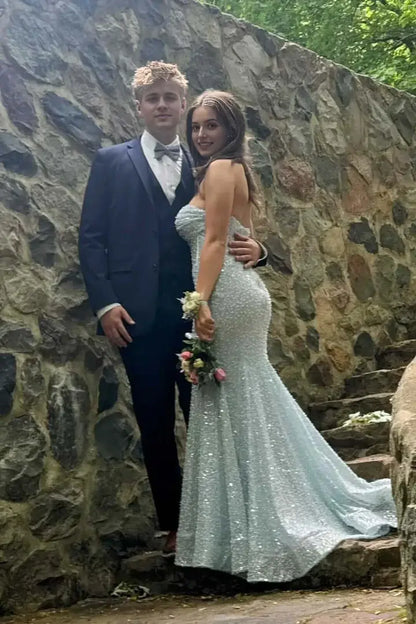 Aimishang Sparkly Strapless Mermaid Sequin Light Blue Long Formal Prom Dress Elegant Party Evening Gown With Train
