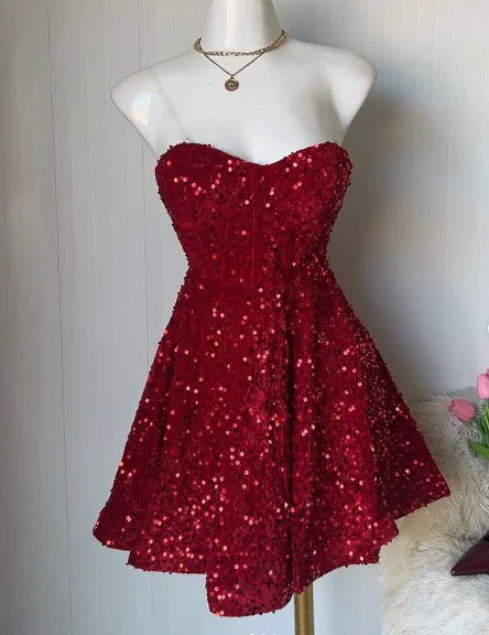 Aimishang Sparkly Strapless Sweetheart A-Line Sleeveless Sequins Short Party Prom Dress Classy Graduation Homecoming Dress