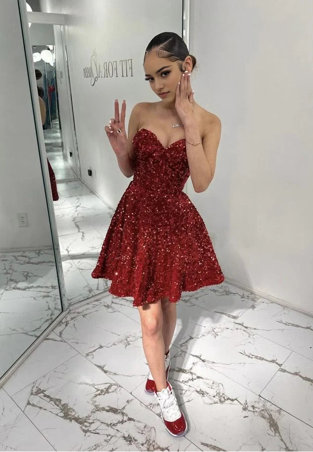 Aimishang Sparkly Strapless Sweetheart A-Line Sleeveless Sequins Short Party Prom Dress Classy Graduation Homecoming Dress