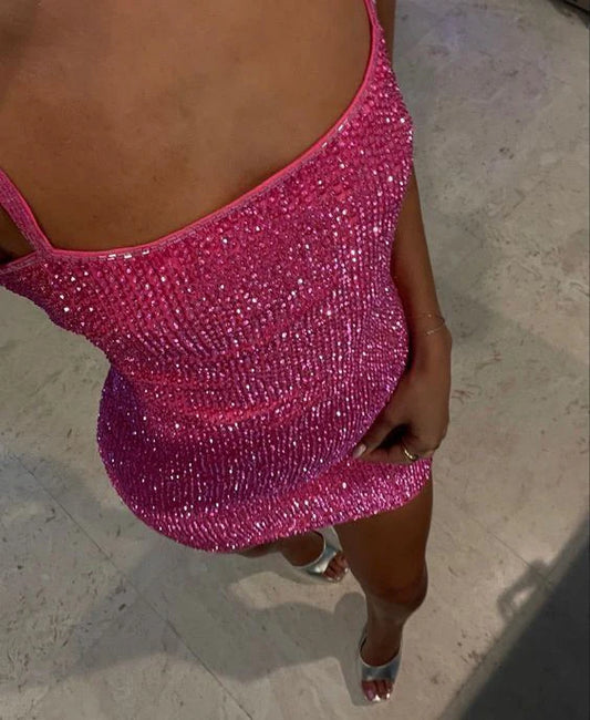Aimishang Sparkly Straps Sheath Sleeveless Sequin Short Birthday Party Dress Fashion Mini Homecoming Dress