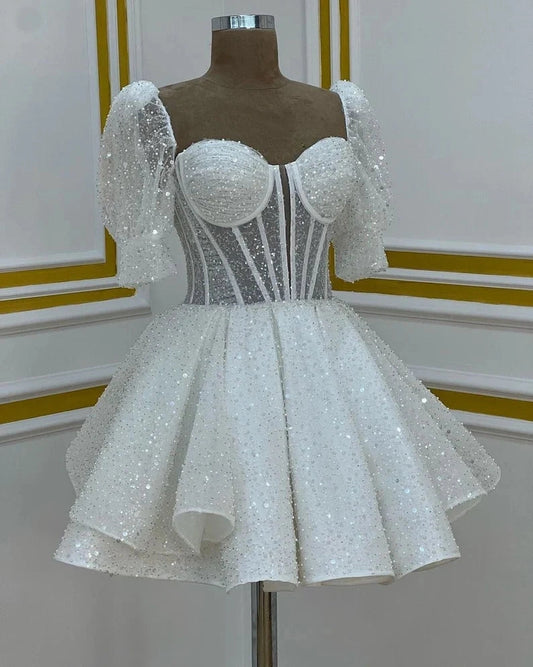 Aimishang Sparkly Sweetheart Neck A line Short Sleeves Homecoming Dress Chic Birthday Party Dress