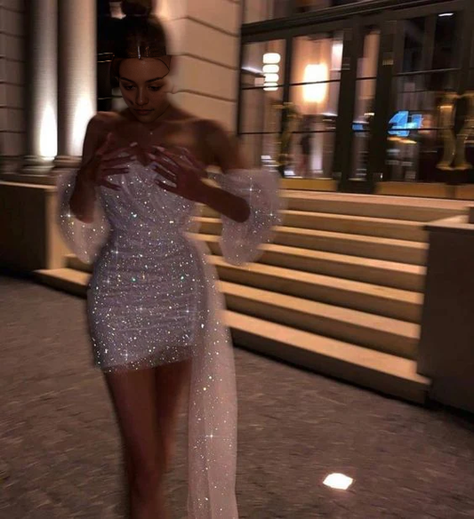 Aimishang Sparkly Sweetheart Sheath Strapless Homecoming Dress With Sleeves Fashion Prom Dress Shiny Birthday Party Dress