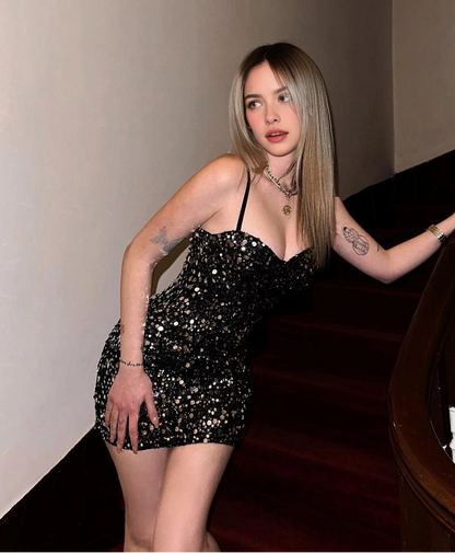 Aimishang Sparkly Sweetheart Spaghetti Strap Sheath Sleeveless Sequin Black Short Birthday Party Dress Fashion Graduation Homecoming Dress