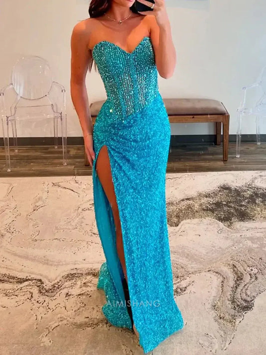 Aimishang Sparkly Sweetheart Strapless Sequins Long Formal Prom Dress With Slit Charming Evening Gown Sexy Party Dress With Beading