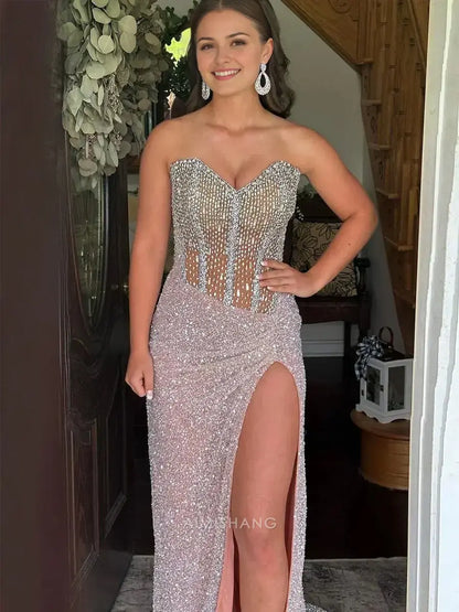 Aimishang Sparkly Sweetheart Strapless Sequins Long Formal Prom Dress With Slit Charming Evening Gown Sexy Party Dress With Beading