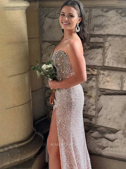 Aimishang Sparkly Sweetheart Strapless Sequins Long Formal Prom Dress With Slit Charming Evening Gown Sexy Party Dress With Beading