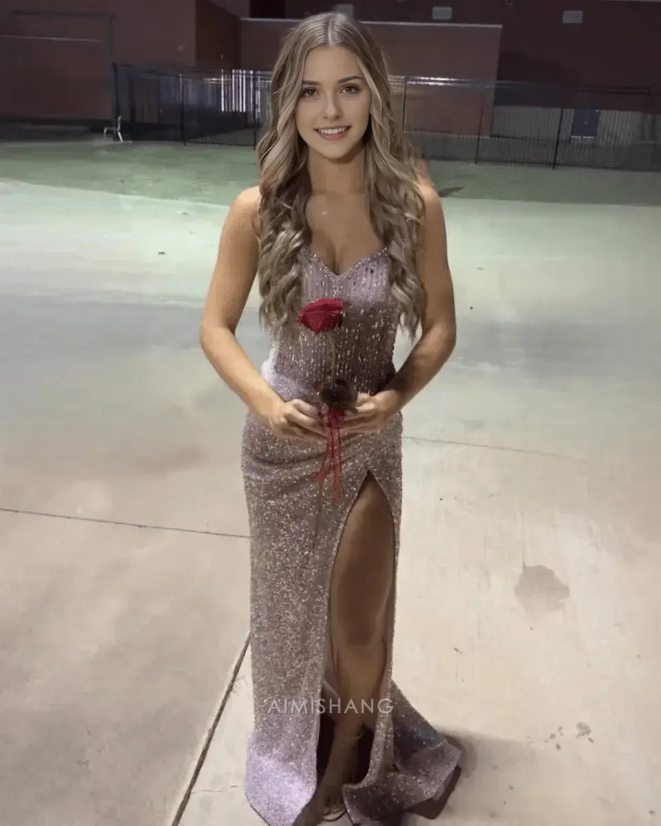 Aimishang Sparkly Sweetheart Strapless Sequins Long Formal Prom Dress With Slit Charming Evening Gown Sexy Party Dress With Beading